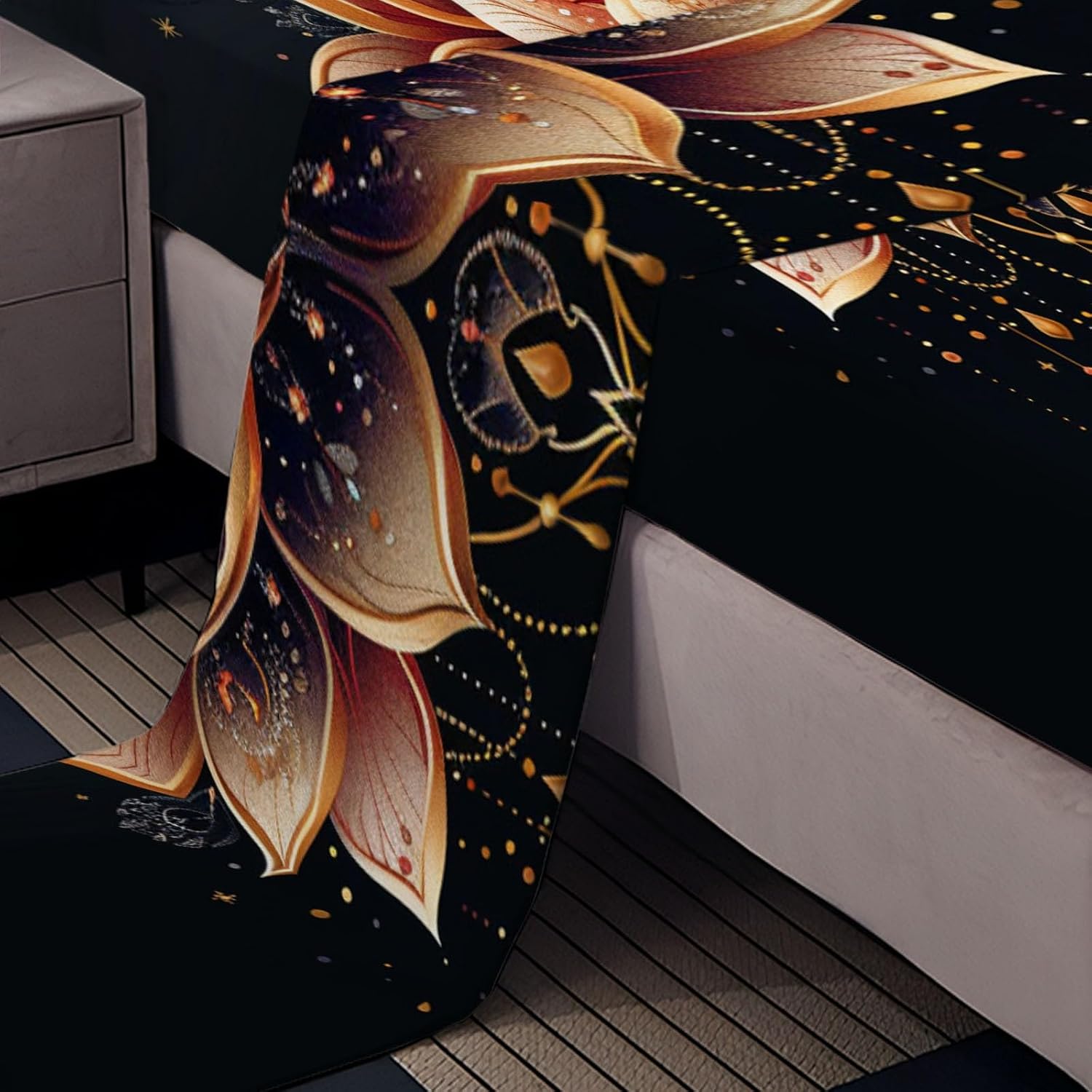 Flower Lotus King Sheets Set Fitted Flat Sheet & Pillowcase Sets 4 Piece, Bed Sheets Brushed Microfiber Soft and Breathable, Deep Pocket Fitted Sheet Easy Care