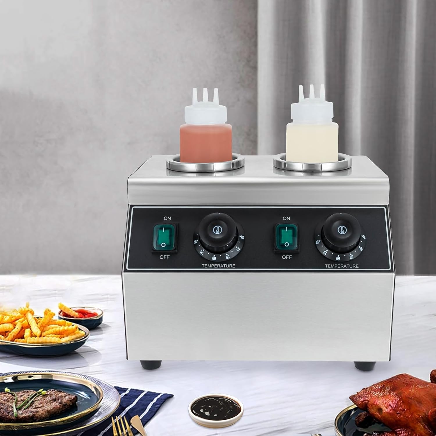 Electric Sauce Warmer Heater, 2 Grids Hot Fudge Warmer Dispenser, Commercial Nacho Cheese Dispenser with 2 Bottles, Jam Chocolate Caramel Sauce Heat Preservation Machine 86-176 ℉