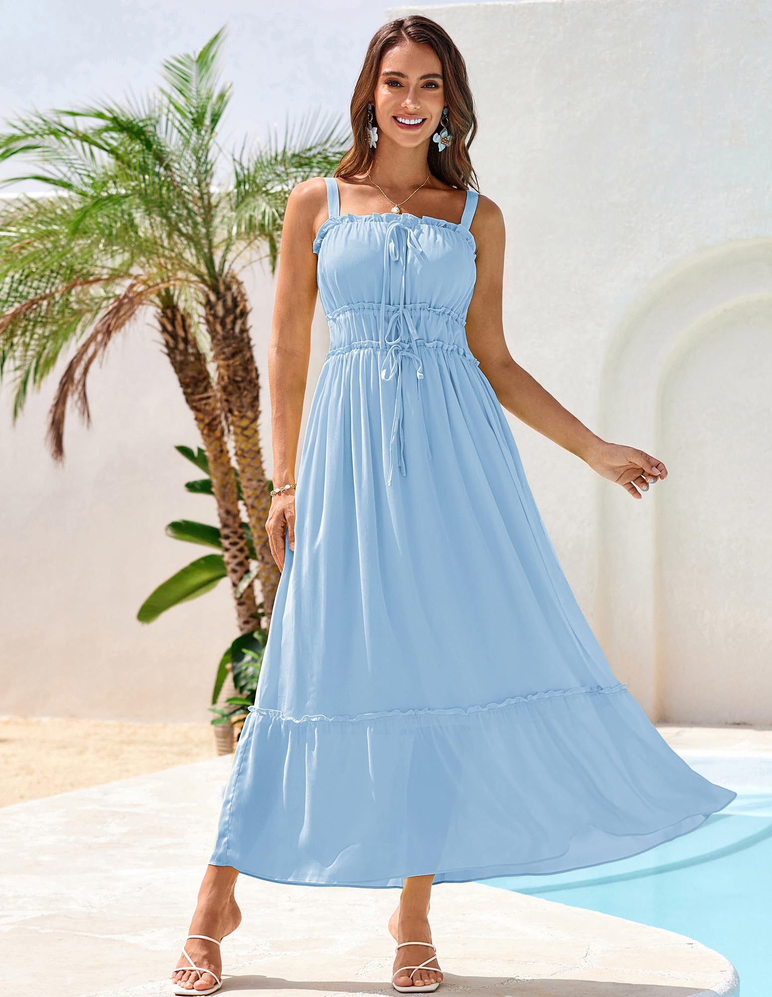 GRACE KARIN Damen Ãrmellos Lange Freizeitkleid Maxi Sommerkleid Casual Summer Dresses Flowy Swing Cocktailkleid Hellblau M