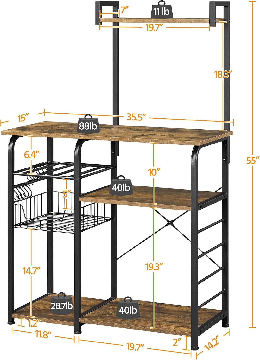 Yaheetech Kitchen Bakers Rack with Wire Basket, Microwave Stand Cart Coffee Bar with 10 S-Hooks, Kitchen Utility Storage Shelf with Wine Storage for Spices, Pots, Pans, Rustic Brown