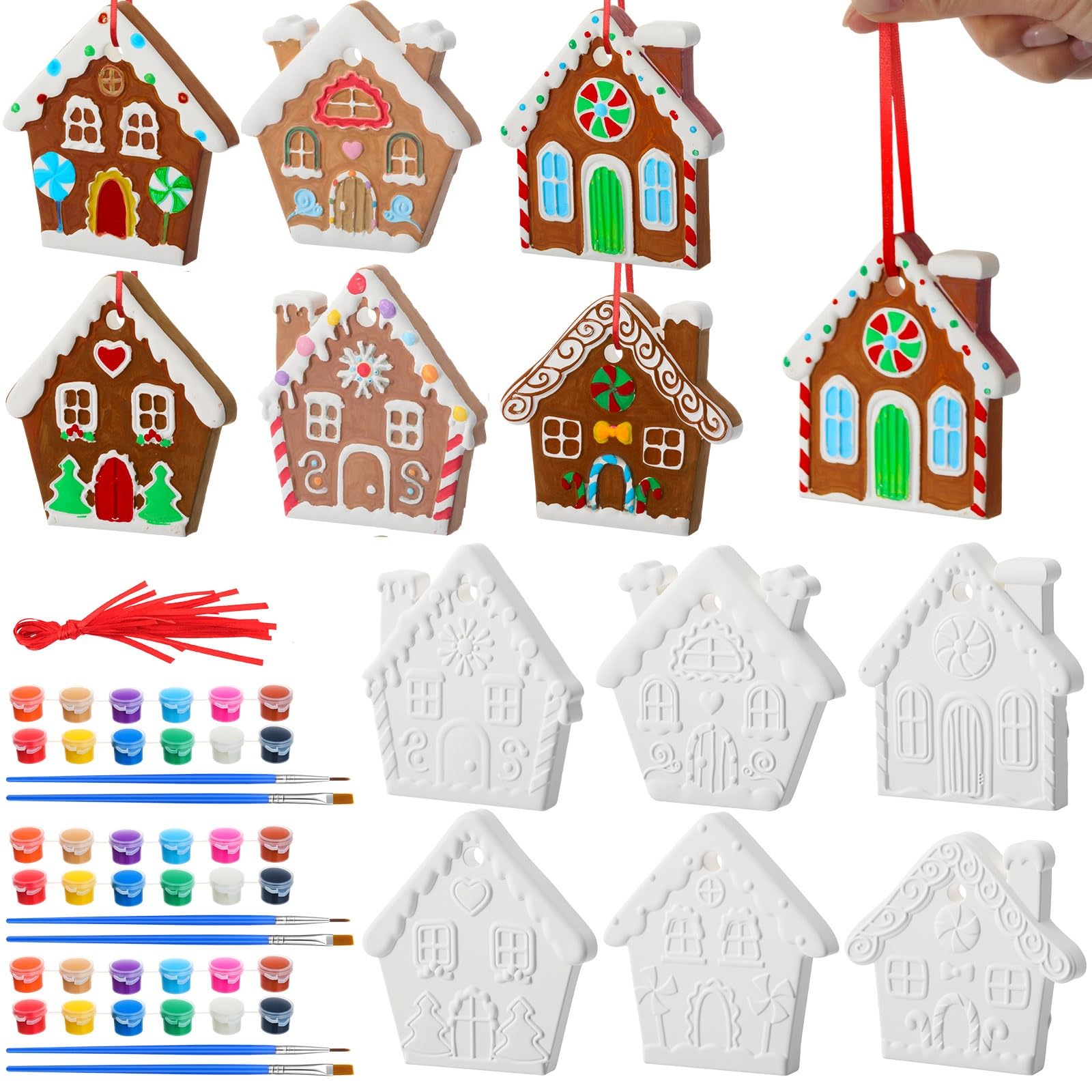 Vertintong 12 Pcs Ceramic Gingerbread House Paint Kit Ornament, Fashionable