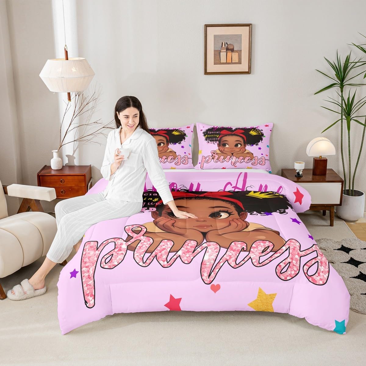 Erosebridal Black Girls Comforter Set Queen, Black Girls Magical Bedding Set African Theme Cute Girl Quilt for Kids Toddler Princess Cute Room Decor, Cute Afro Melanin Princess Duvet Insert, Pink