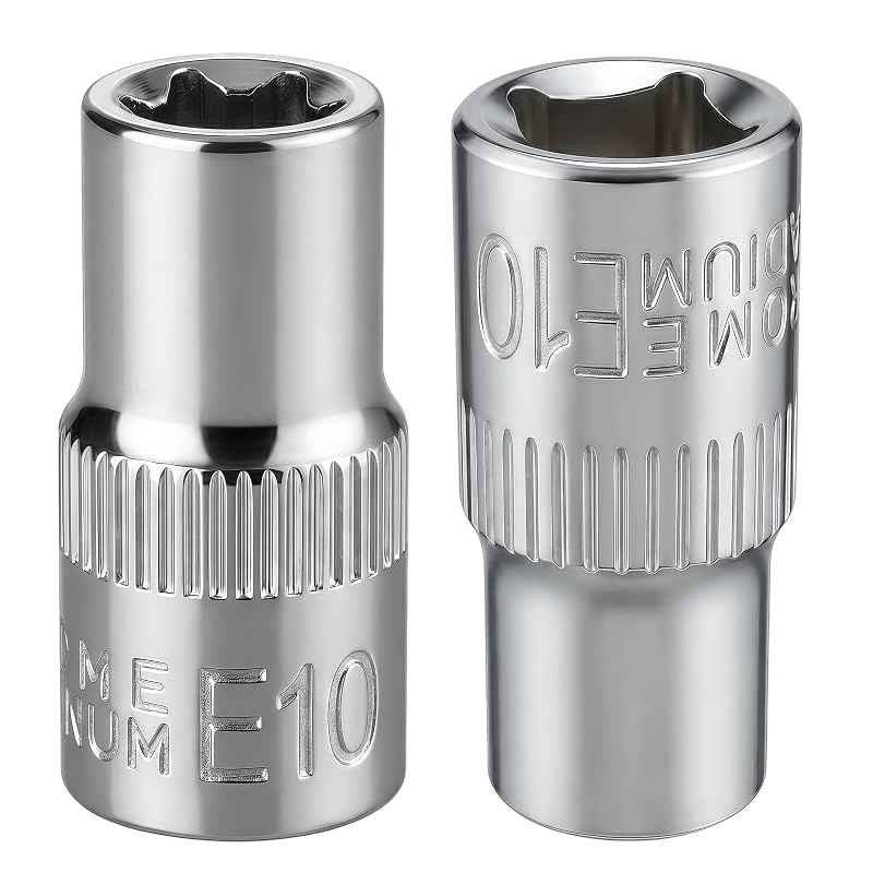 Kit com 2 Soquetes E-Torx Externos E10 Profundos, Encaixe de 6,35 mm (1/4 pol.), 25 mm, Aço Cromo-Vanádio SELMAIDY