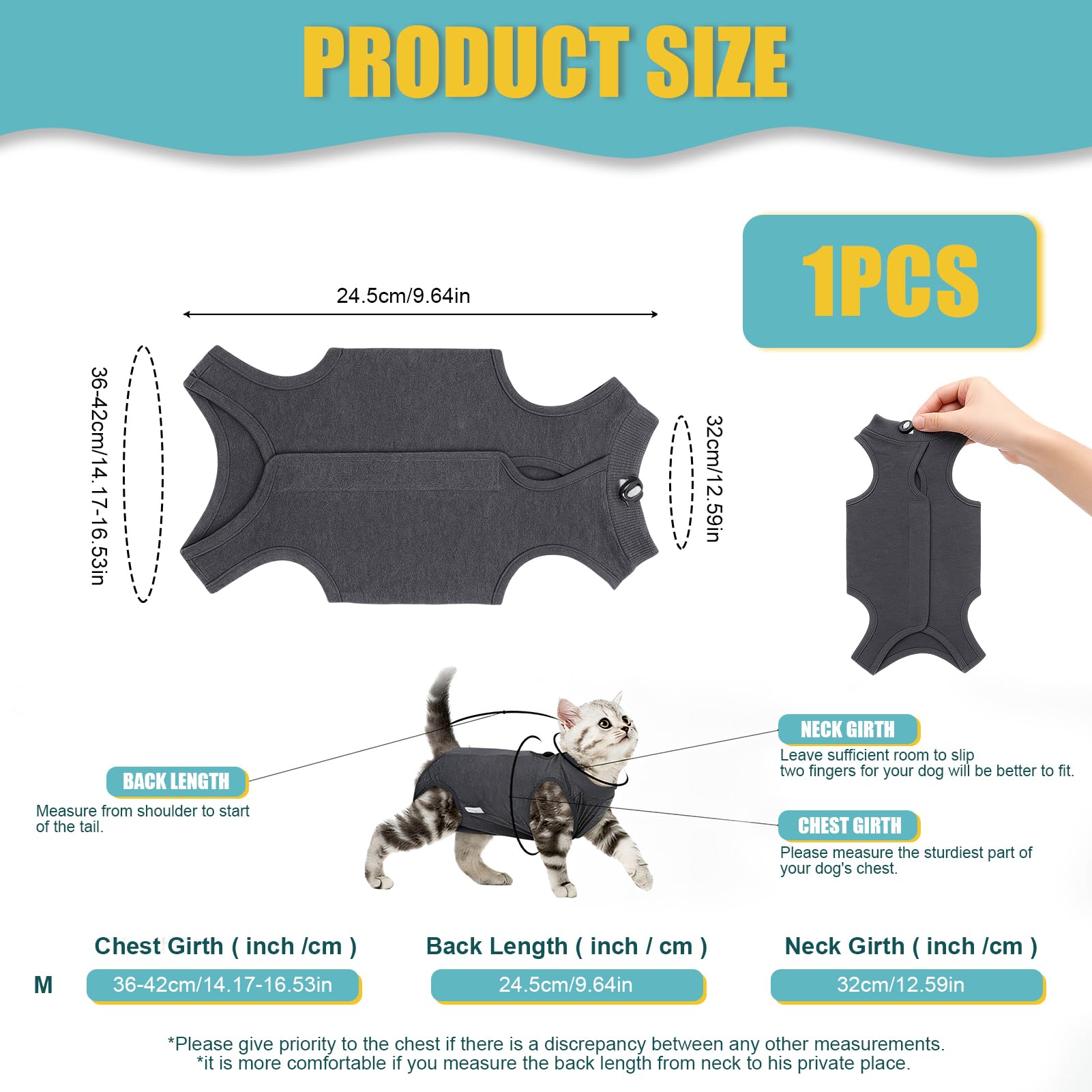 Body pour Chat après Stérilisation, Body Chat Post Opératoire pour Femelle & Mâle, Coton Doux, Protection Plaies Abdominales, Convient pour 3-5kg, Taille M - Gris