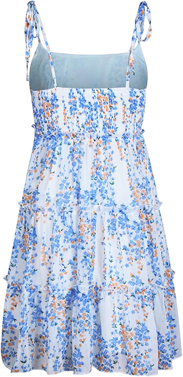 Mansy Womens 2025 Summer Floral Mini Dress Boho Flowy Skater Dresses Short Sleeveless Ruffle Spaghetti Strap Dress - Image 5