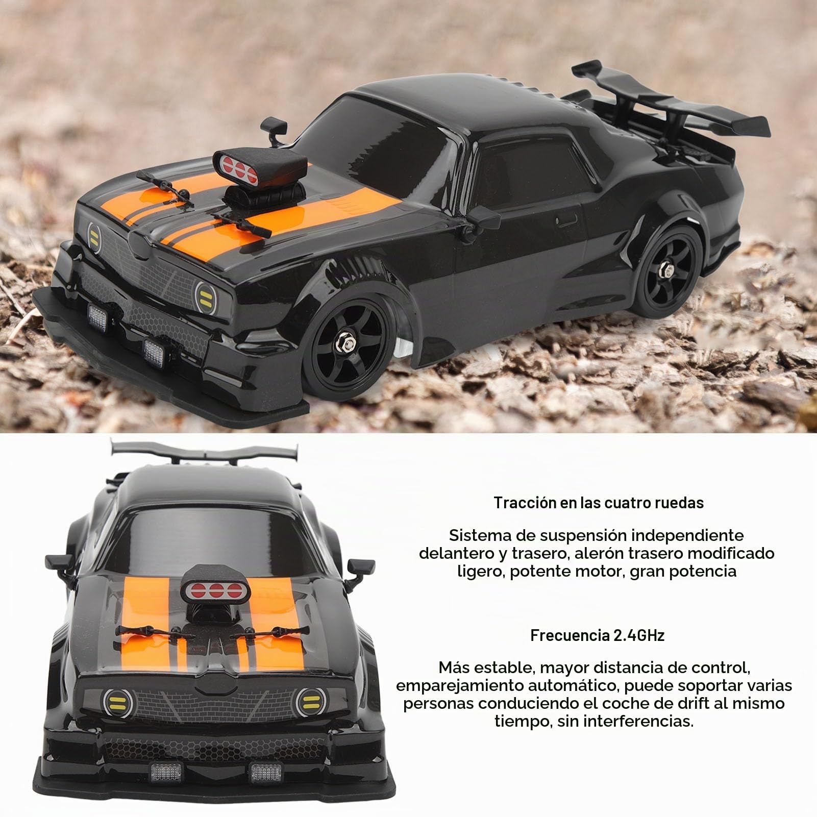 BuyWeek Coche Teledirigido RC Drift Car, 2,4 GHz 1:16 4WD 18 km/h con Luz LED para Adultos (Negro 2 Baterías)