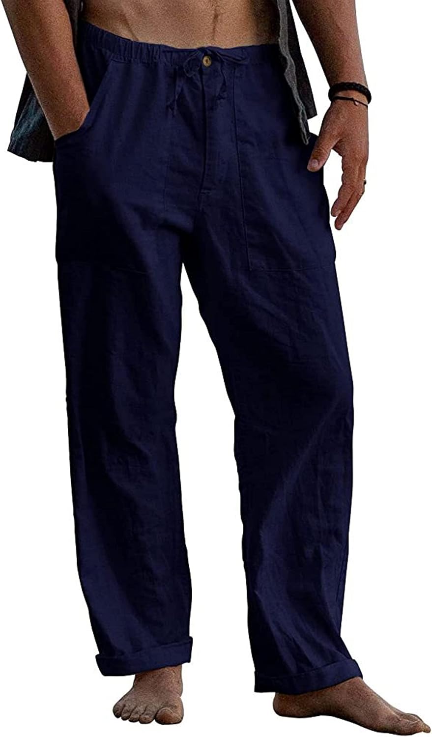 Wankang Mens Cotton Linen Pants Lightweight Elastic Waist Casual Jogger Yoga Pants Summer Loose Baggy Beach Pants for Men