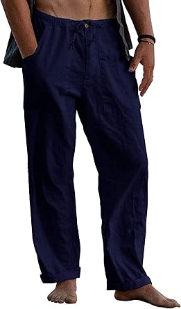 Mens Linen Pants Straight-Legs Casual Lightweight Elastic Waist Drawstring Baggy Long Pants Summer Yoga Beach Trousers