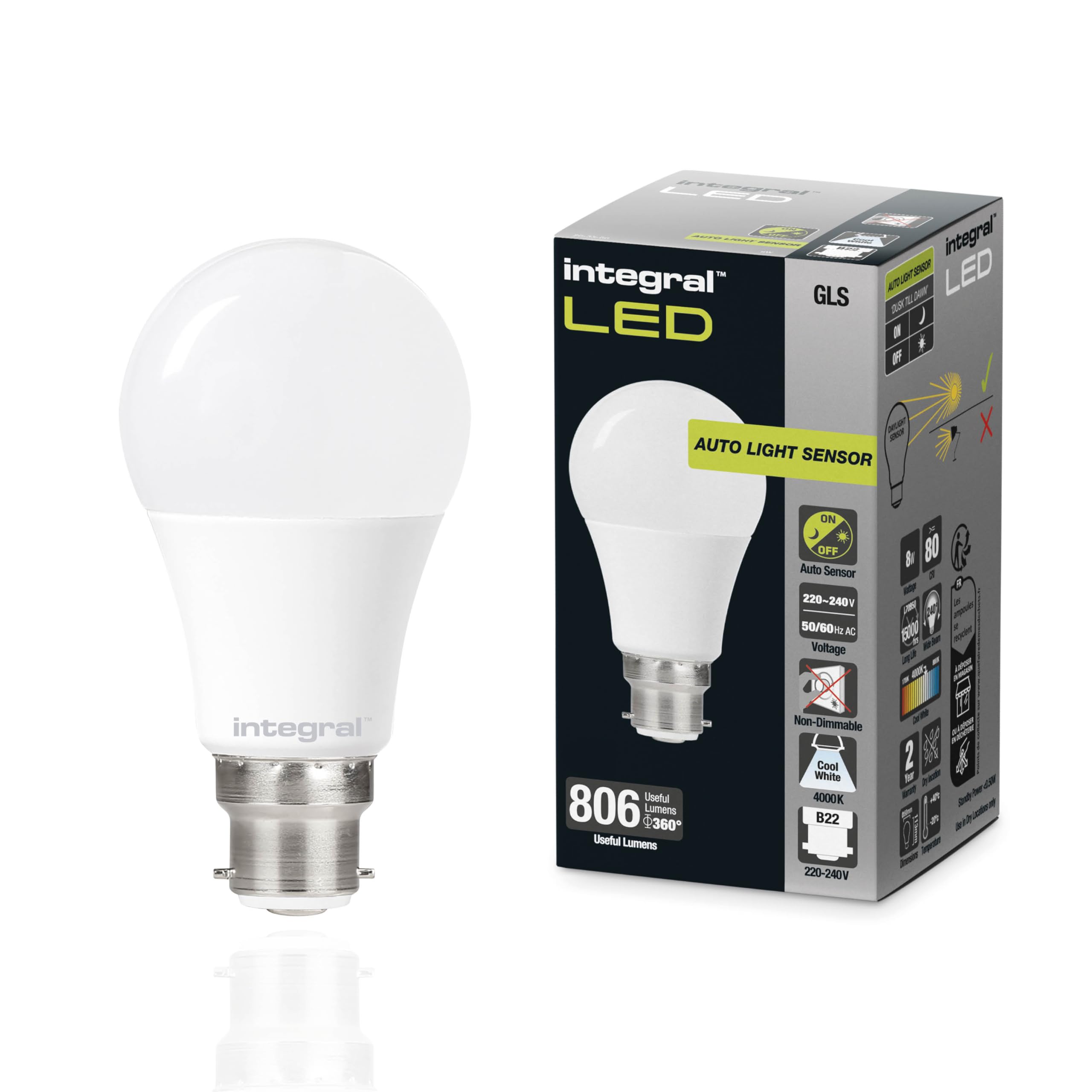Integral 806Lm Frosted B22 Led B22 Non-Dimmable Dusk To Dawn Dual Sensor Frosted Gls Bulb – Cool White 4000K, 806Lm, 8W (60W Equivalent) - Energy Efficient & Ideal For Outdoor, Porch, Garage, Garden, Patio