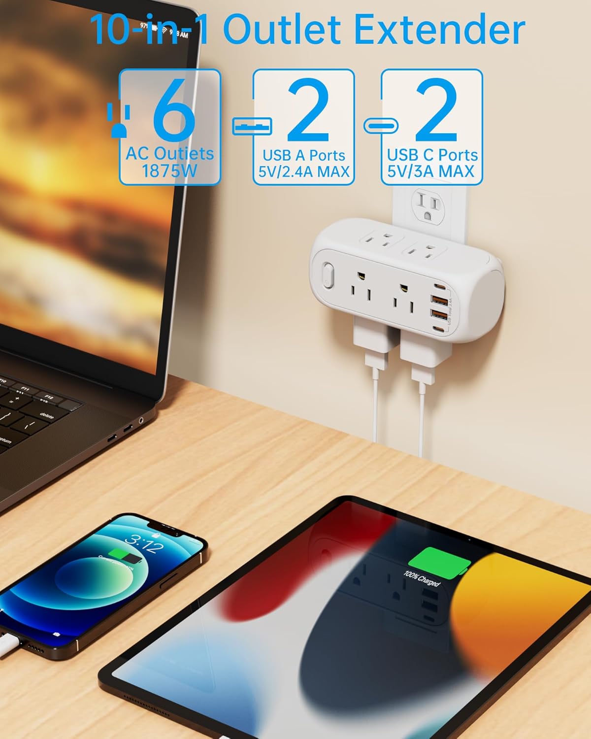USB Outlet Extender Surge Protector - with Rotating Plug, 6 AC Multi Plug and 4 USB Ports(2 USB C),15A 1875W, 3-Sided Swivel Power Strip Spaced Splitter for Home, Office, Travel