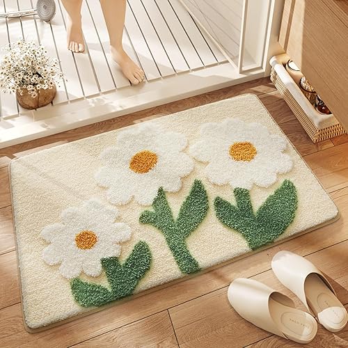 Miniatura 8 de Tapete de baño floral súper absorbente, antideslizante, lavable a máquina, bonito tapete de baño esponjoso para fregadero, dormitorio y sala de