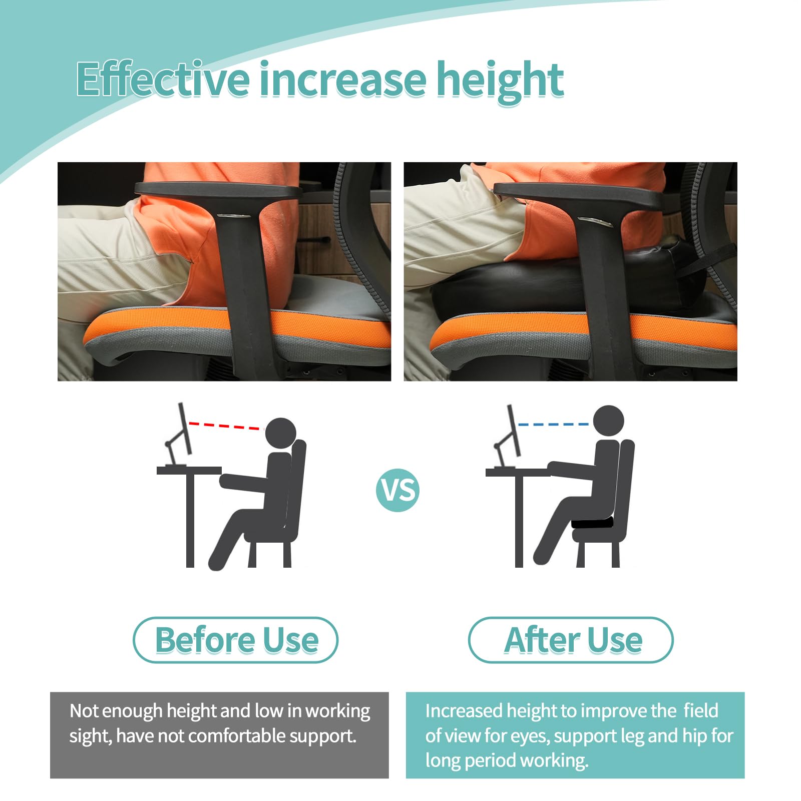 YOUFI Cojín de asiento de piel sintética para silla de oficina, asiento elevador grueso, relleno completo para apoyo, con funda de piel transpirable, asa y hebilla, alivia el dolor de espalda (45 x 40