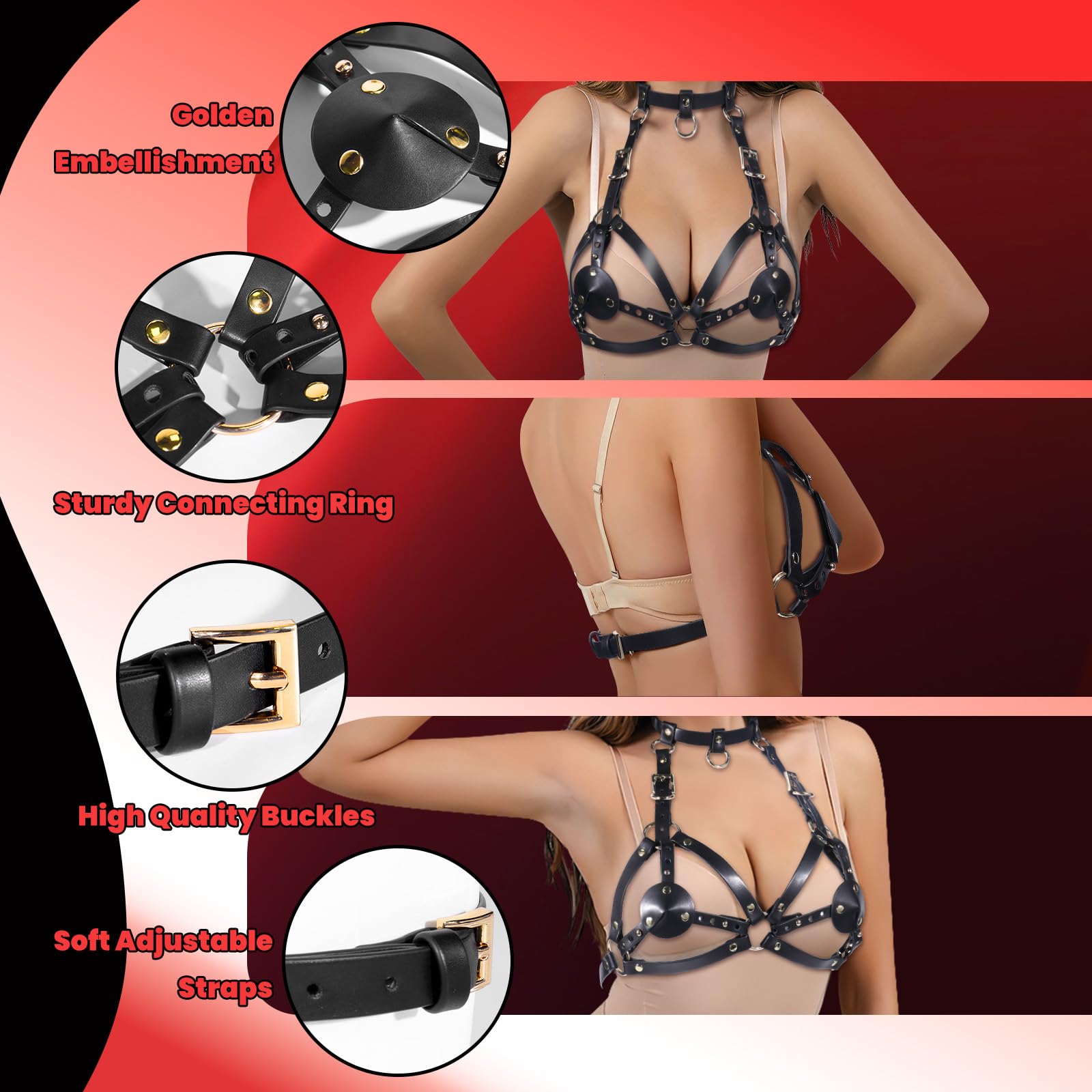 Set Harnais Strap-On + Dildo 7.9", Harnais Seins Réglable, Ceinture Taille & Cuisse en Cuir pour Couples
