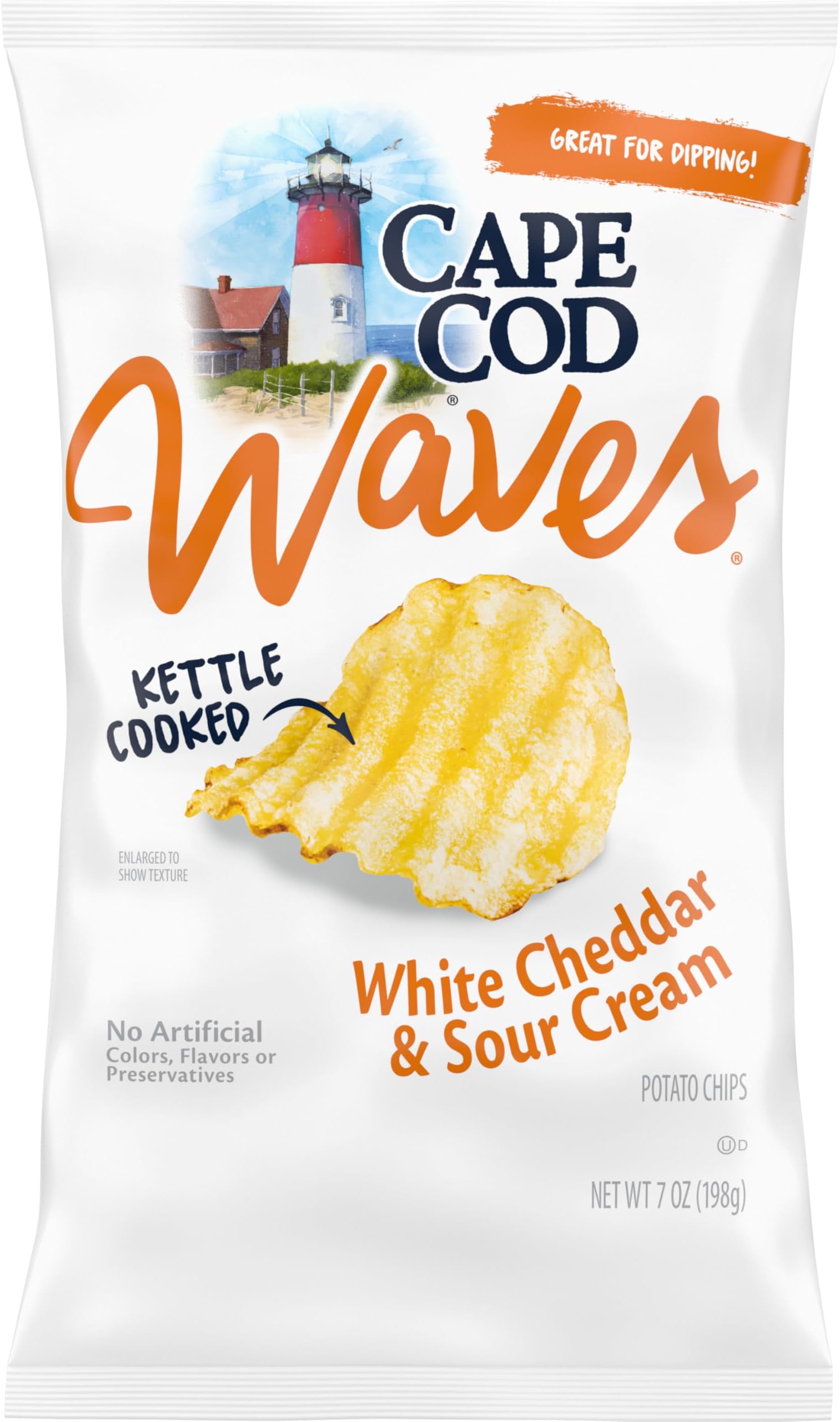 Cape Cod Waves Potato Chips, Wavy Cut White Cheddar & Sour Cream Kettle Chips, 7 Oz