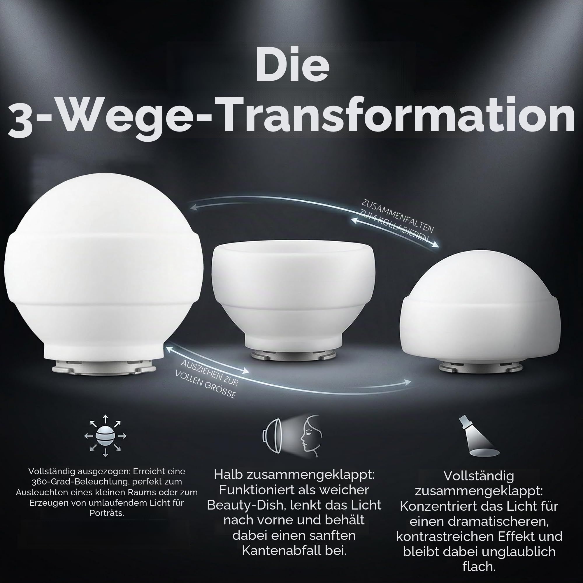 Godox ML-CD15 Soft Dome Diffuser Kit mit 3 Adaptern, kompatibel mit Godox V100, V1 Pro, AD200Pro II, AD100Pro, AD300Pro, AD400Pro, V860III, ML30, ML30Bi, ML100Bi, ML100R, ML60Bi, ML60IIBi und mehr
