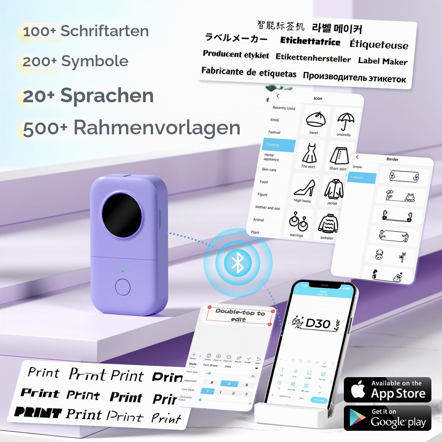 Phomemo D30 Etikettendrucker Bluetooth Etikettiergerät Beschriftungsgerät Selbstklebend Labelmaker mit 5 Rollen etikettenpapier Geschenkbox,Mini Label Printer Geeignet für Haushalt und Büro(Violett)