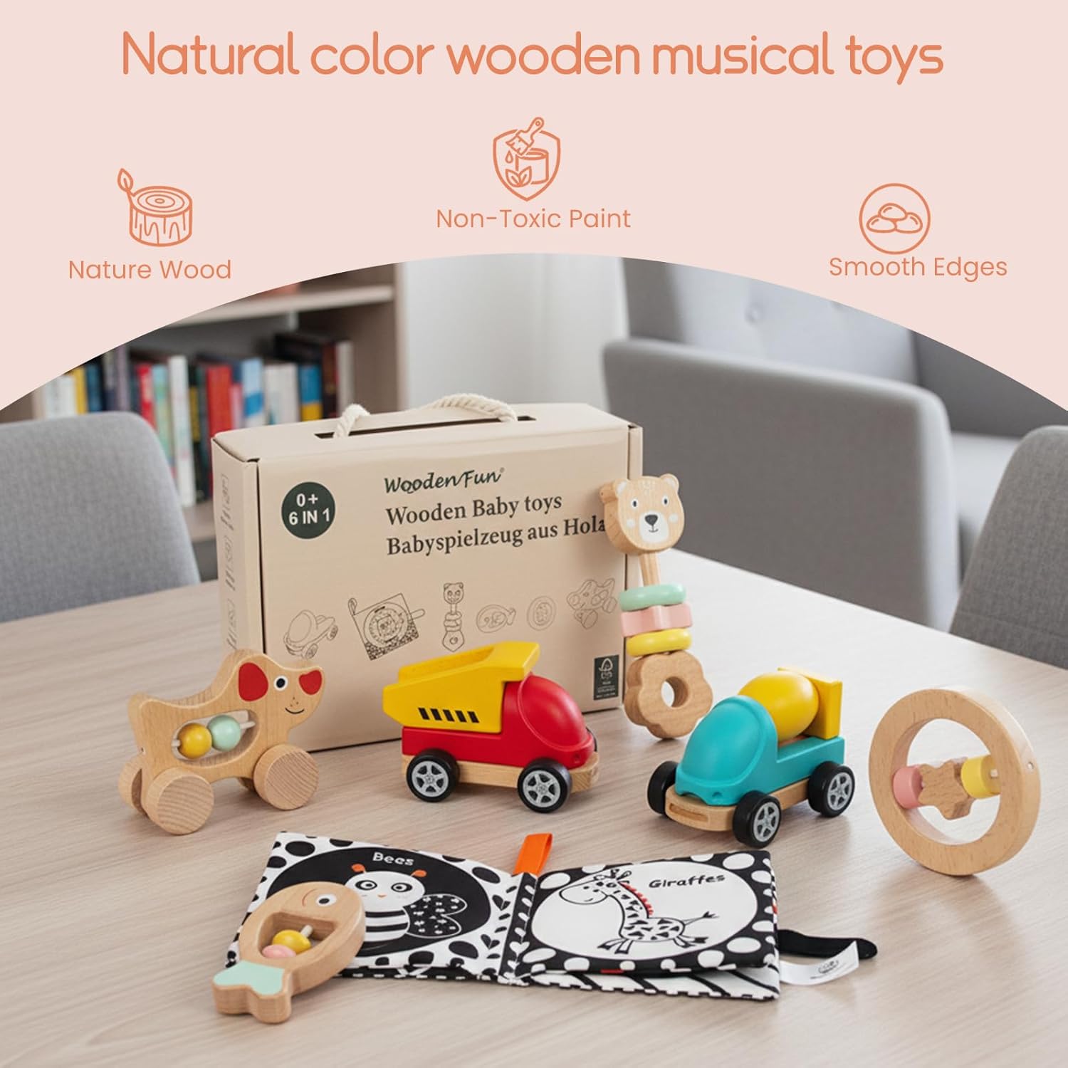 Wooden Baby Toy 6pcs, Montessori Toys for Babies 1-3 Years Old, Wooden Rattles Soft Book Car Toy Set for Infant Grasping, Sensory Development, Gift for Baby Boys Girls