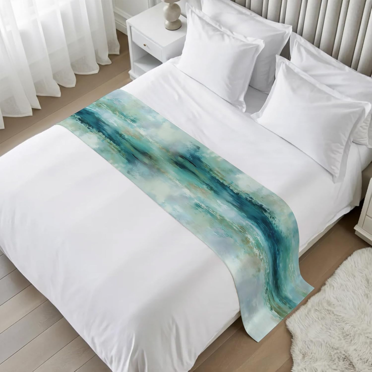 Teal Oil Painting Bed Runner Cal King Size, Modern Ombre Abstract Art Bed Scarf Protector Slipcover for Bedroom Wedding Room Hotel, Bedding Runner Throws for Foot of Beds 102"x20"