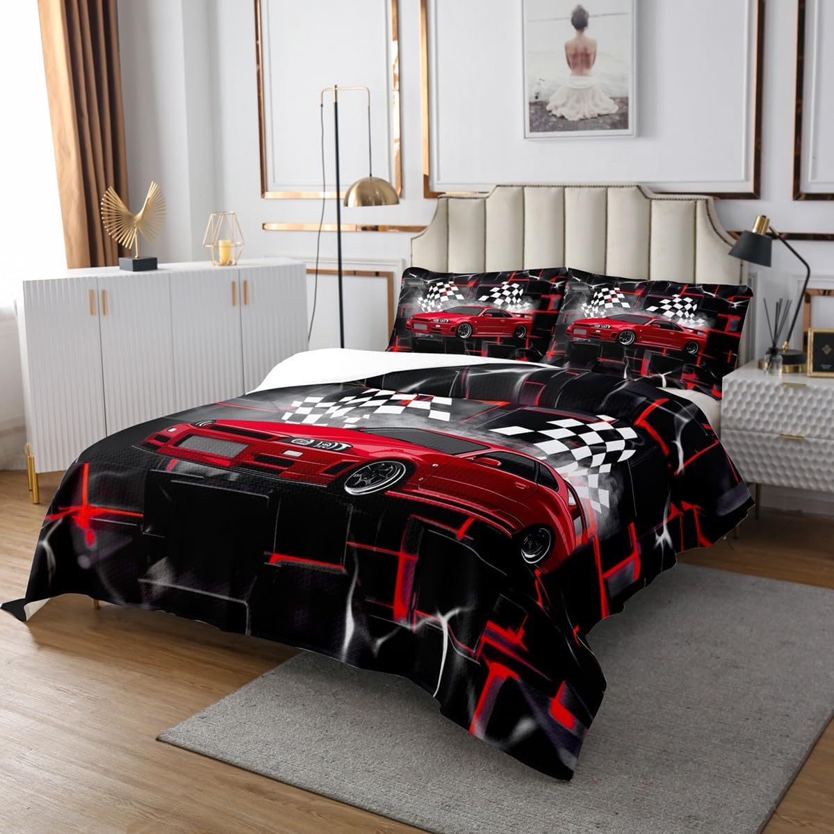 Feelyou Sports Car Bedspread Red Race Car Bedspread for Kids Boys Girls Extreme Sport Coverlet Set Racing Gaming Quilted Bedroom Collection 2Pcs Twin Size