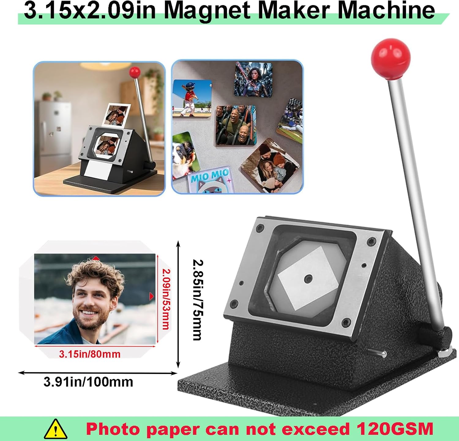 3.15x2.09in Magnet Maker Machine, 80x53mm Magnet Button Press Machine with Paper Cutter + 200set Magnets Making Consumables + 100pcs Photo Paper
