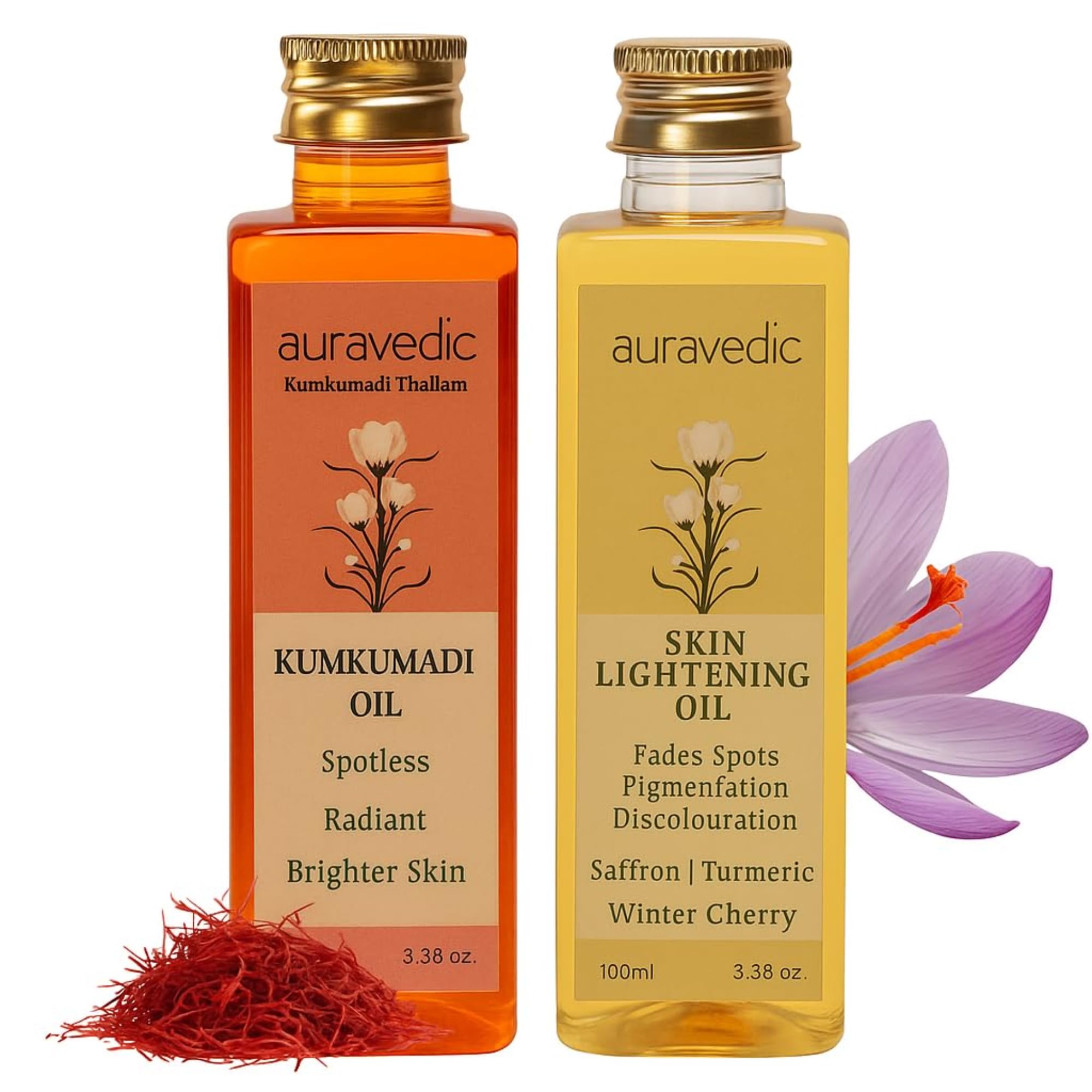 Auravedic Kumkumadi Oil & Skin Oil Combo | Saffron, Turmeric and Winter Cherry Infused Face Moisturizer | Hydrating & Moisturizing | for All Skin Types | 3.38Fl Oz (100ml)