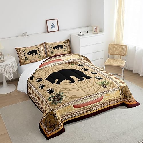 Miniatura 4 de Juego de edredón de oso negro, decoración de cabaña rústica, ropa de cama de oso tribal con animales salvajes, edredón de geometría occidental,