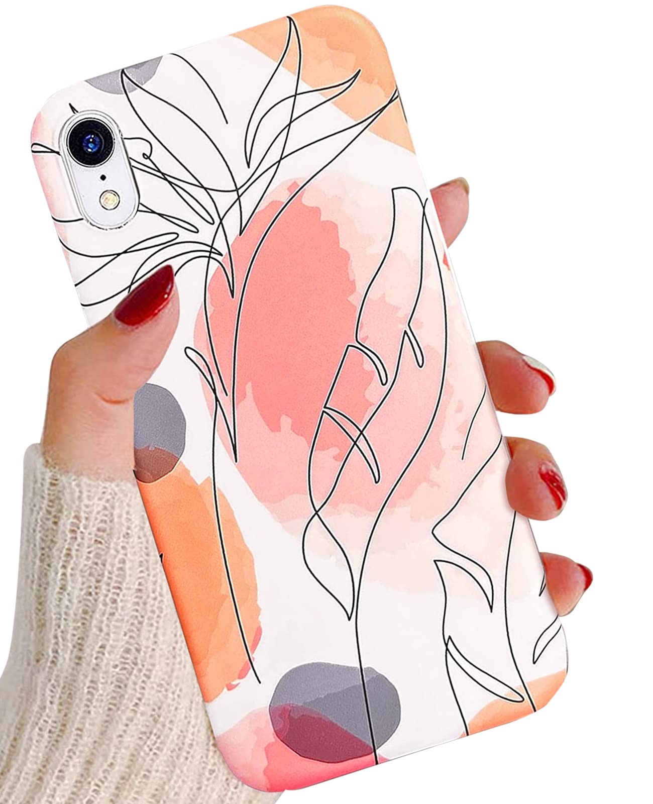J.westCompatible with iPhone XR Case 6.1, Aesthetic Minimalist Boho Modern Abstract Prints Slim Geometric Line Plant Palm Leaf Pattern Pink Soft TPU Cover Protective Phone Case for Women