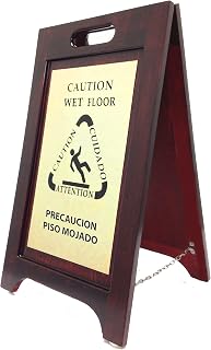 Wholesale Hotel Products Premium Wooden â€œCaution Wet Floorâ€ Bilingual Sign- Real Hardwood construction, 23â€x14â€, non-skid plastic feet, Walnut wood/Brass plate-great for hotels, churches, offices
