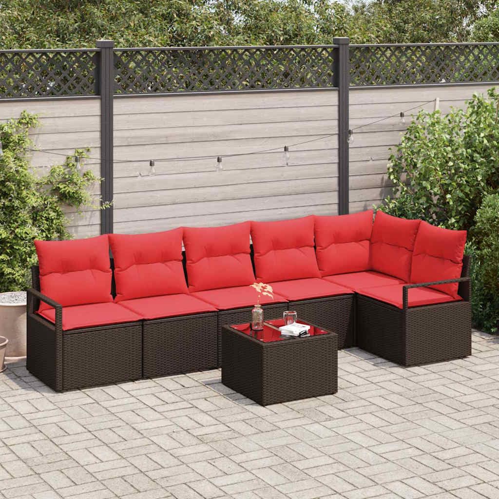 Generisch Gartensofa-Set 7 STK. Braun und Rot Poly-Rattan,Gartensitzmöbel,59.6kg-3355083