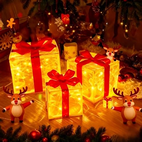 Juego de 3 piezas de caja de regalo de Navidad roja brillante, caja de regalo de Navidad brillante de 60 LED, caja de regalo alimentada por batería,
