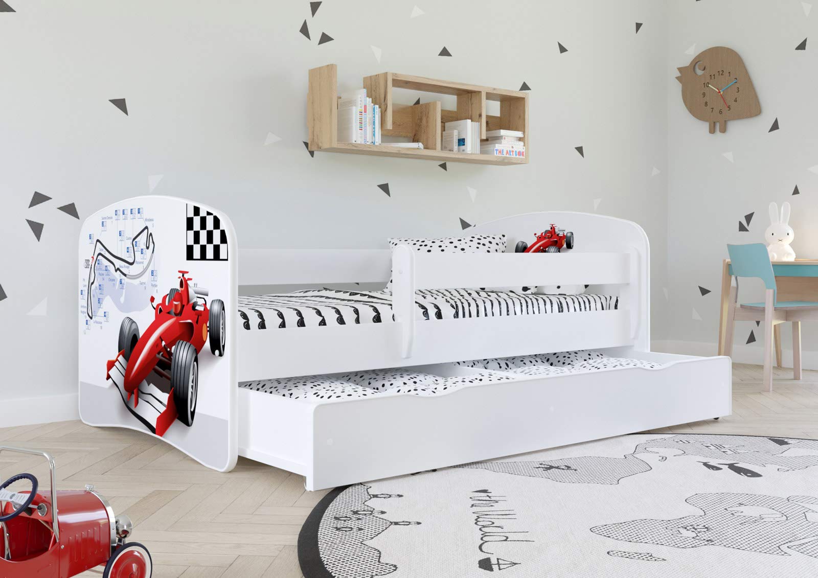Letto Bianco per Bambini con Barriera Inclusa 70x140 80x160 80x180 cm Letto Bambini con Barriera di Protezione, Doghe e Cassetto removibile - Per Bambino e Bambina - 160x80 - Senza Materasso