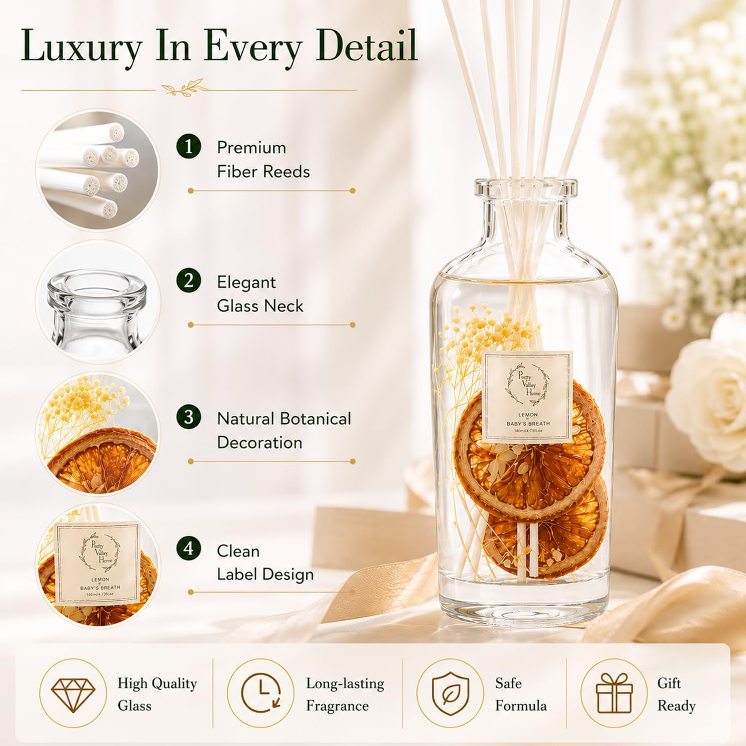 Reed Diffuser for Home, Orelune Lemon Diffuser 4.73fl oz/ 140ml, Home Fragrance Reed Diffuser for Bathroom Shelf Decor, Scent Diffuser with Sticks Luxury & Long Lasting