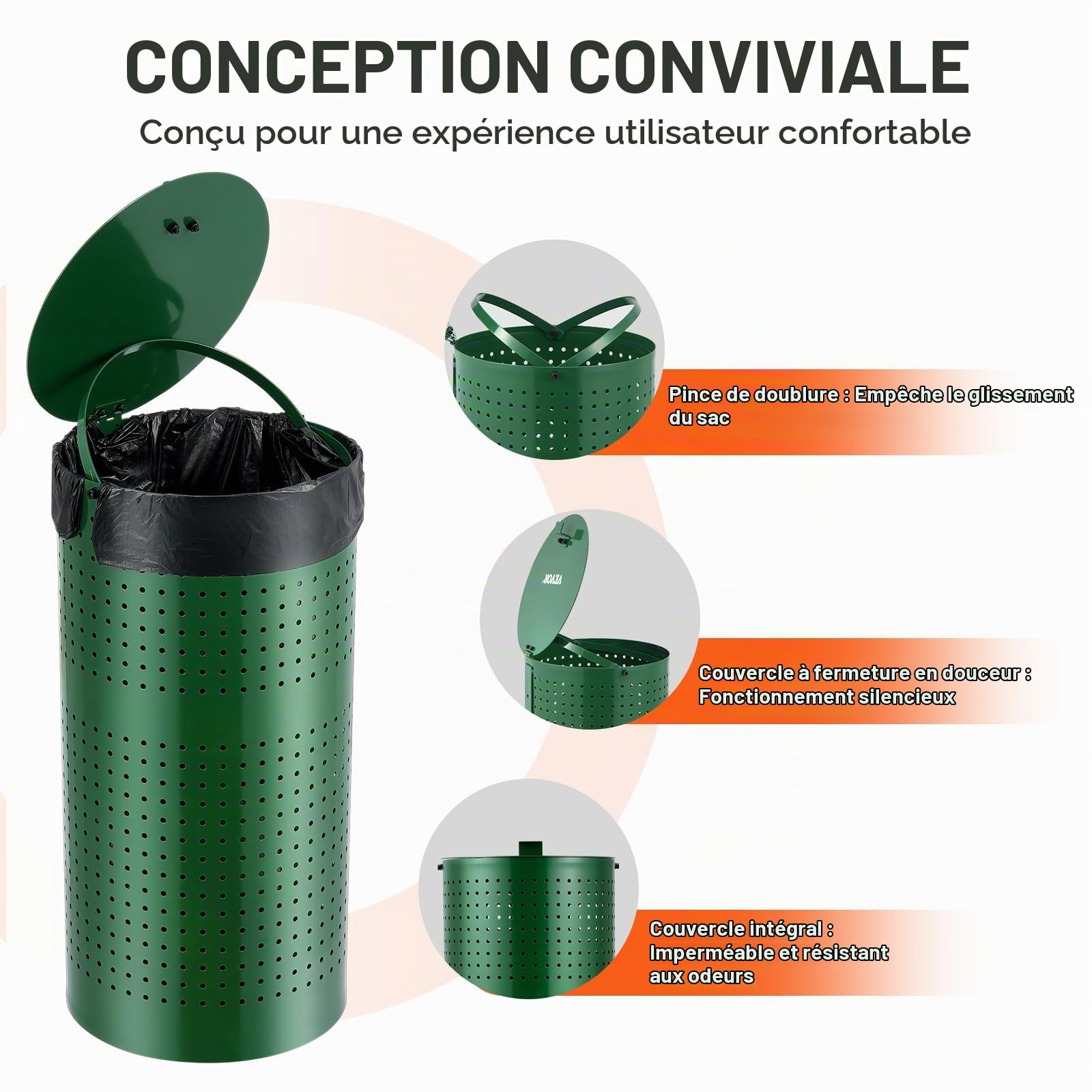 VEVOR Poubelle à Crottes Chien, 43 L, Poubelle à Déjections Canines avec Couvercle, 50 Sacs de Doublure, pour Élimination de Déjections d'Animaux de Compagnie, Jardin, Arrière-cour, Parc, Extérieur