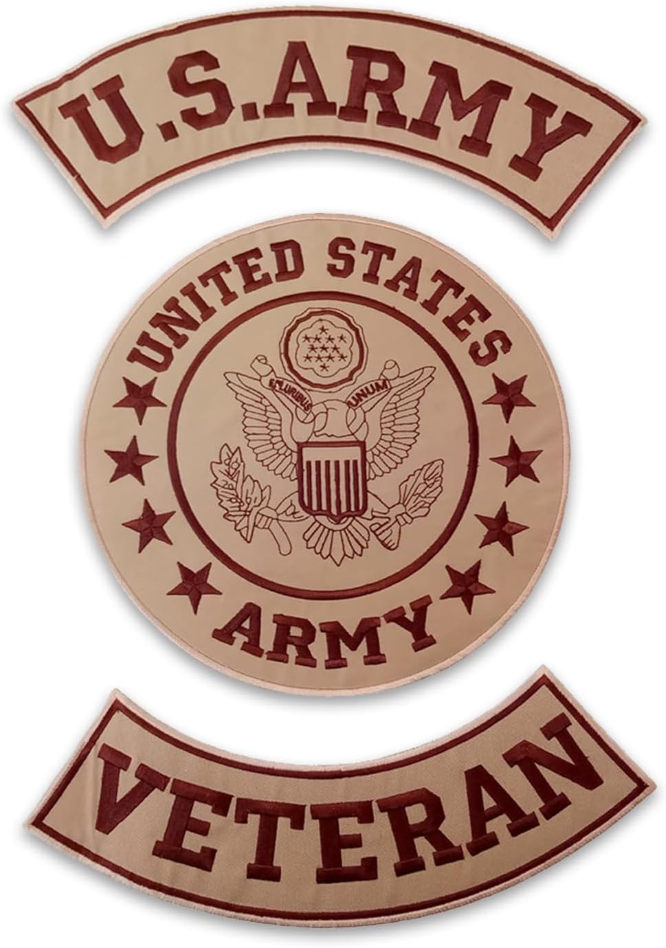 U.S Army Veteran Patch Set - 3 Pieces - Embroidered - Iron On or Sew On Jacket or Vest (Beige), Large