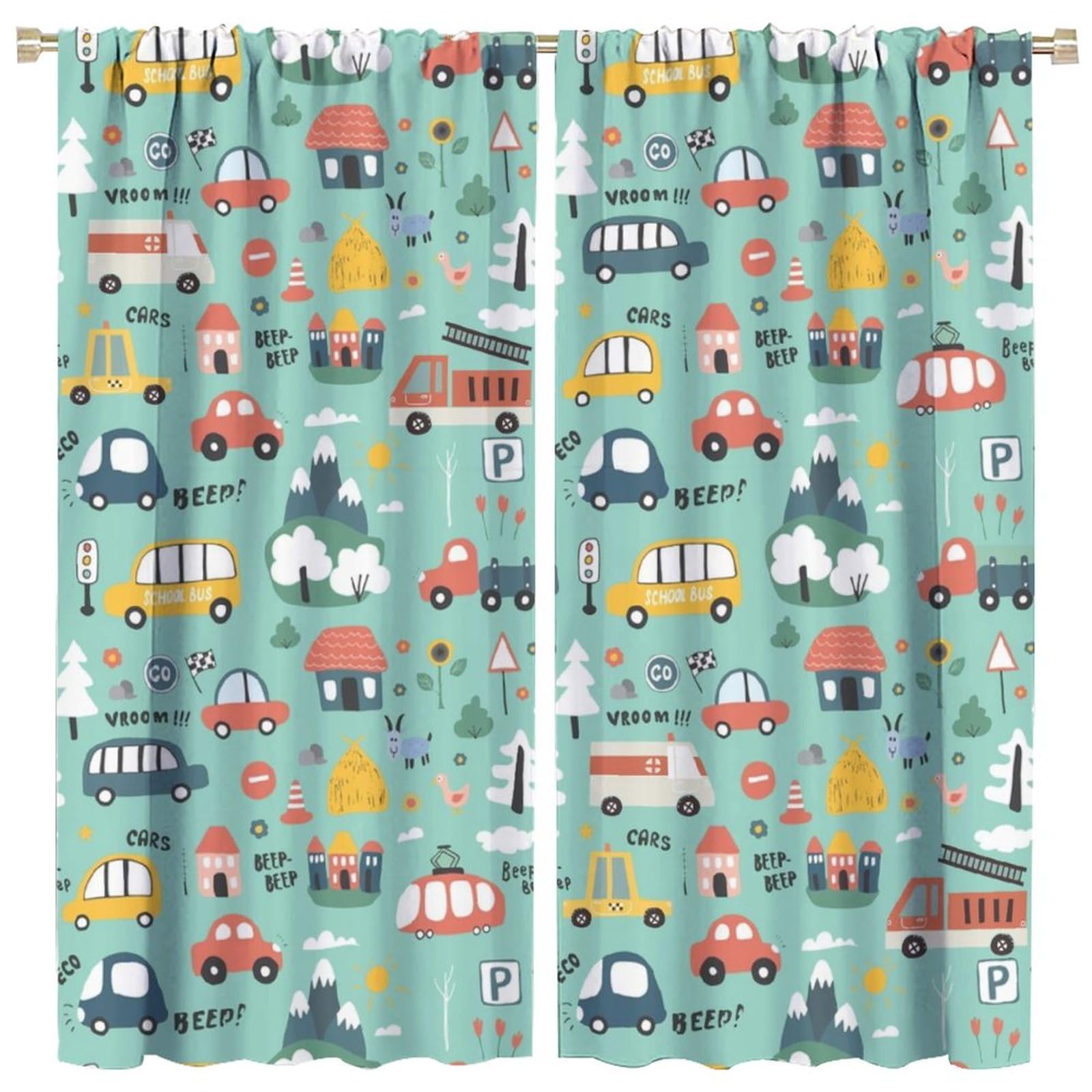 Cartoon Construction Truck Curtains,Boys Kids Hand Painting Cute Excavator Window Treatments Thermal Insulated Rod Pocket Blackout Curtains for Bedroom 2 Panels 45