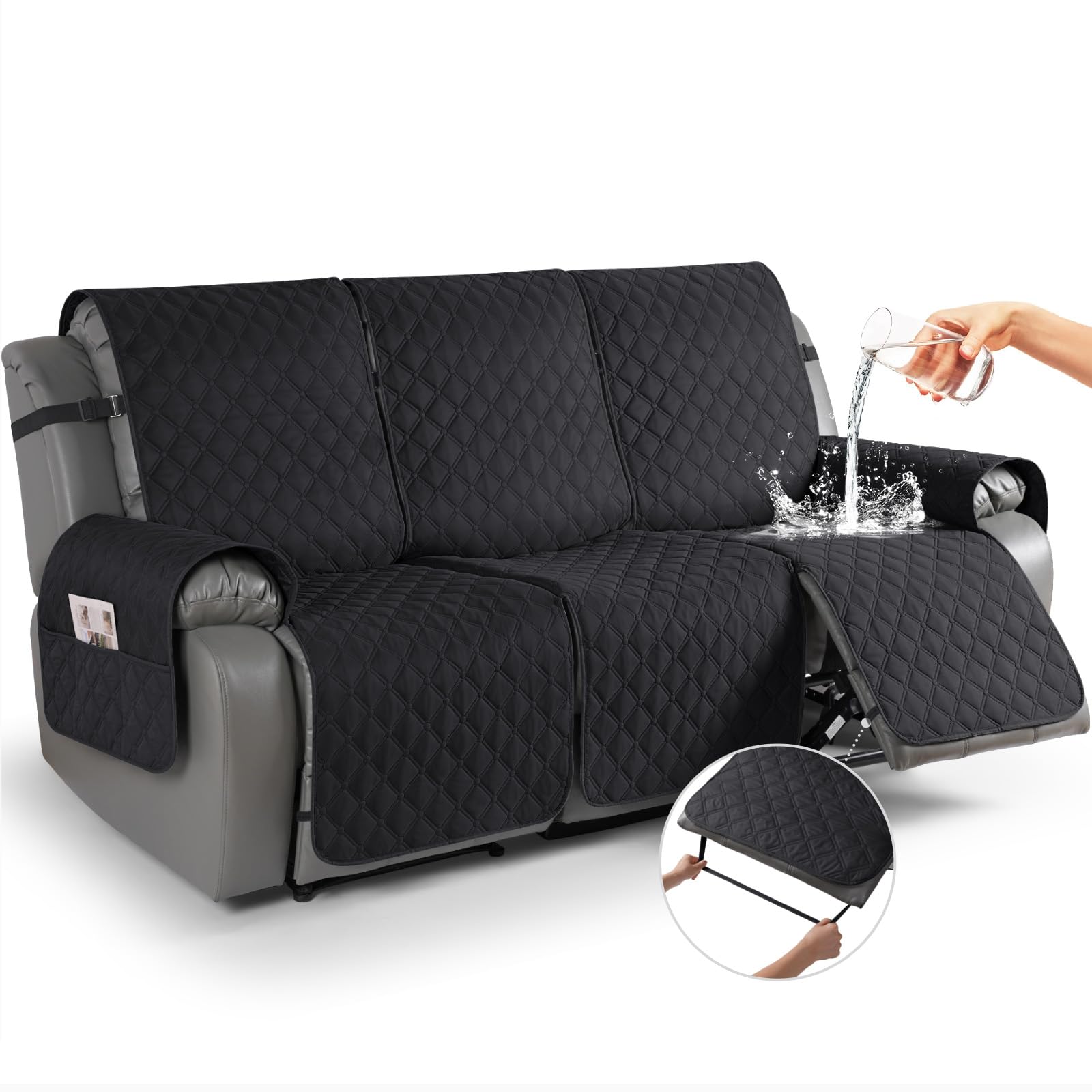TAOCOCO Waterproof Recliner Couch Cover 1-Piece Sofa Covers for Reclining Sofa 3 Seat with Leg Straps Pocket, Washable Reclining Sofa Covers Couch Protector for Dogs Pets Kids(3 Seater, Black)