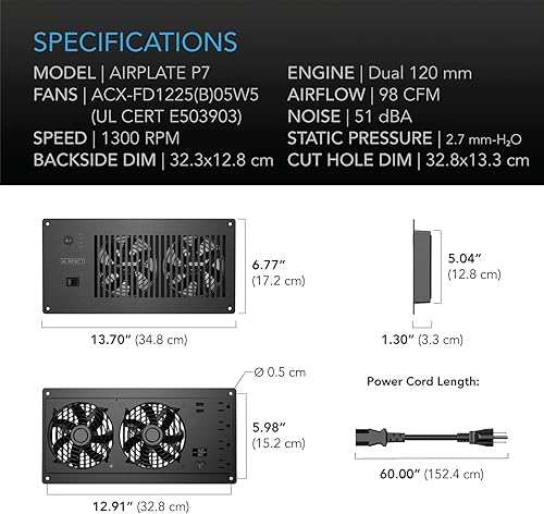 Miniatura 6 de AC Infinity AIRPLATE P7, sistema de ventilador de gabinete de refrigeración silencioso con tomas de corriente y puertos USB, disparador térmico