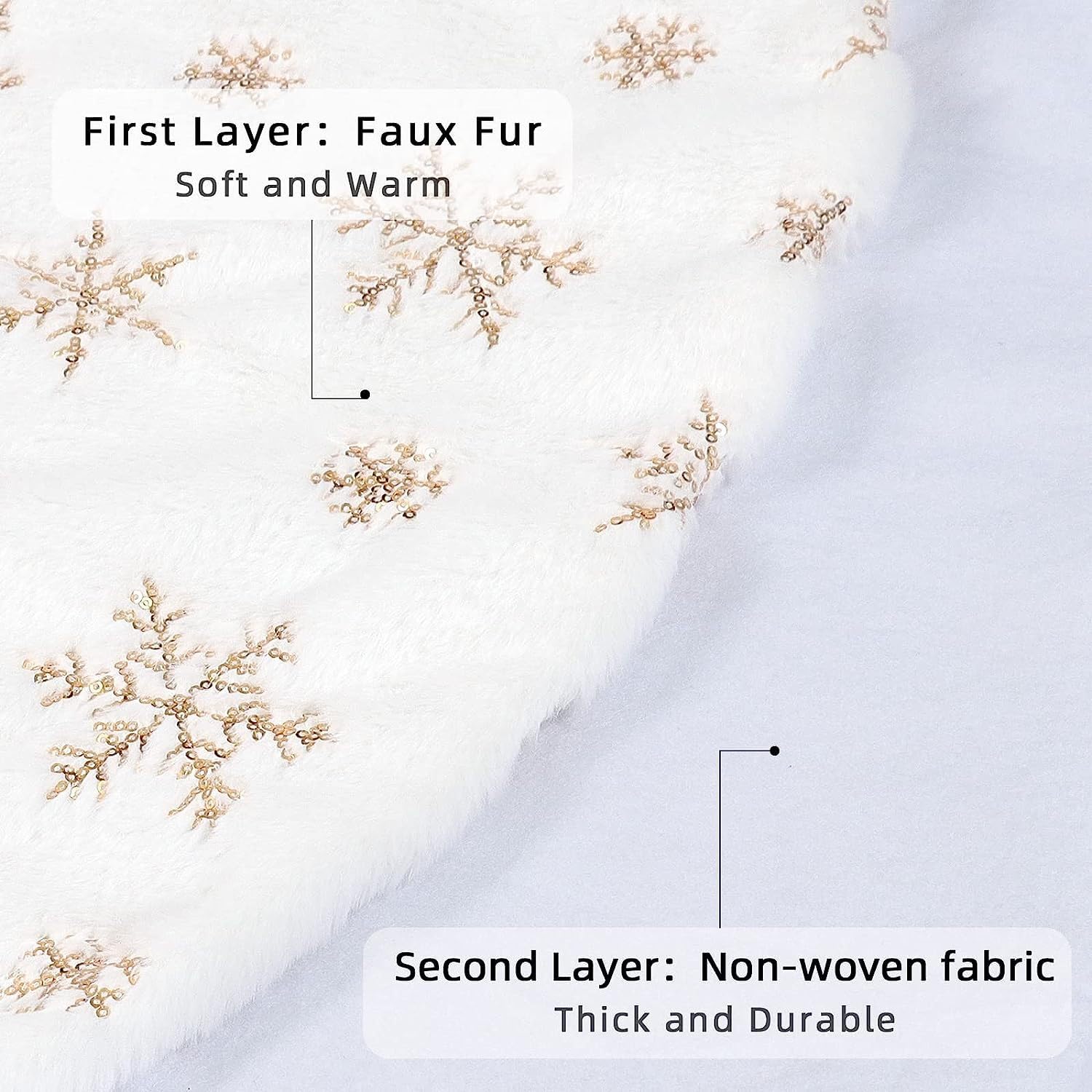 Coperta per albero di Natale, in peluche, bianca, rotonda, per albero di Natale, con fiocco di neve, per albero di Natale, vacanze, feste, decorazioni per pavimenti, 150 cm