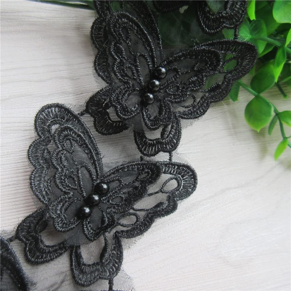 5 Yards Soluble Butterfly Bow Pearl Organza Embroidered Lace Trim Knitting Wedding Appliques Handmade Patchwork Ribbon Sewing Supplies Craft Bridal Dress Ornaments Costume Hat Decoration (Black)
