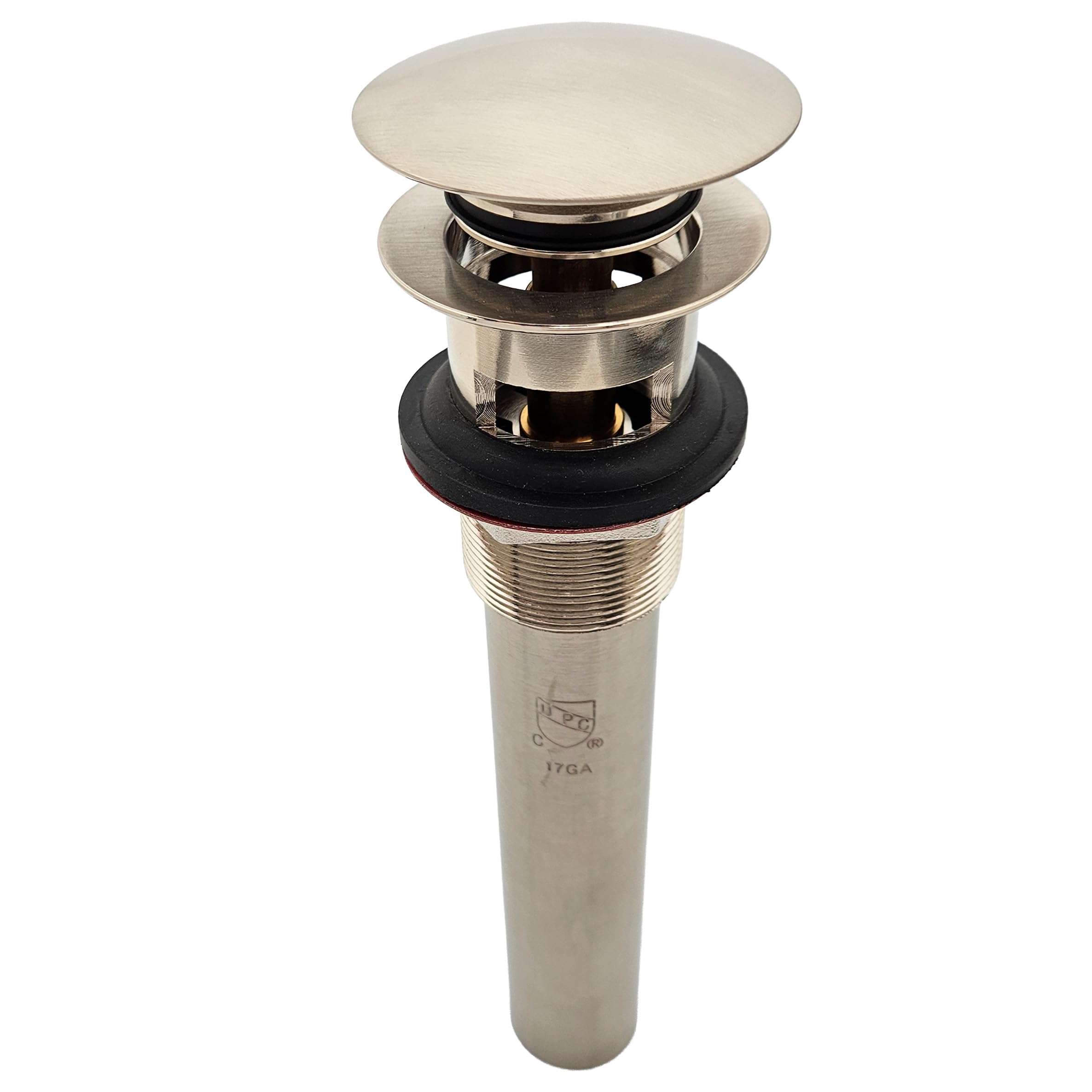 Westbrass Satin Nickel 1-1/4" Tip-Toe Overflow Lavatory Drain, 17 Gauge Brass Sink Drain With 1-1/4" Tailpiece, Fits 1-1/2" Opening, Fully Finished Exposed Installation,