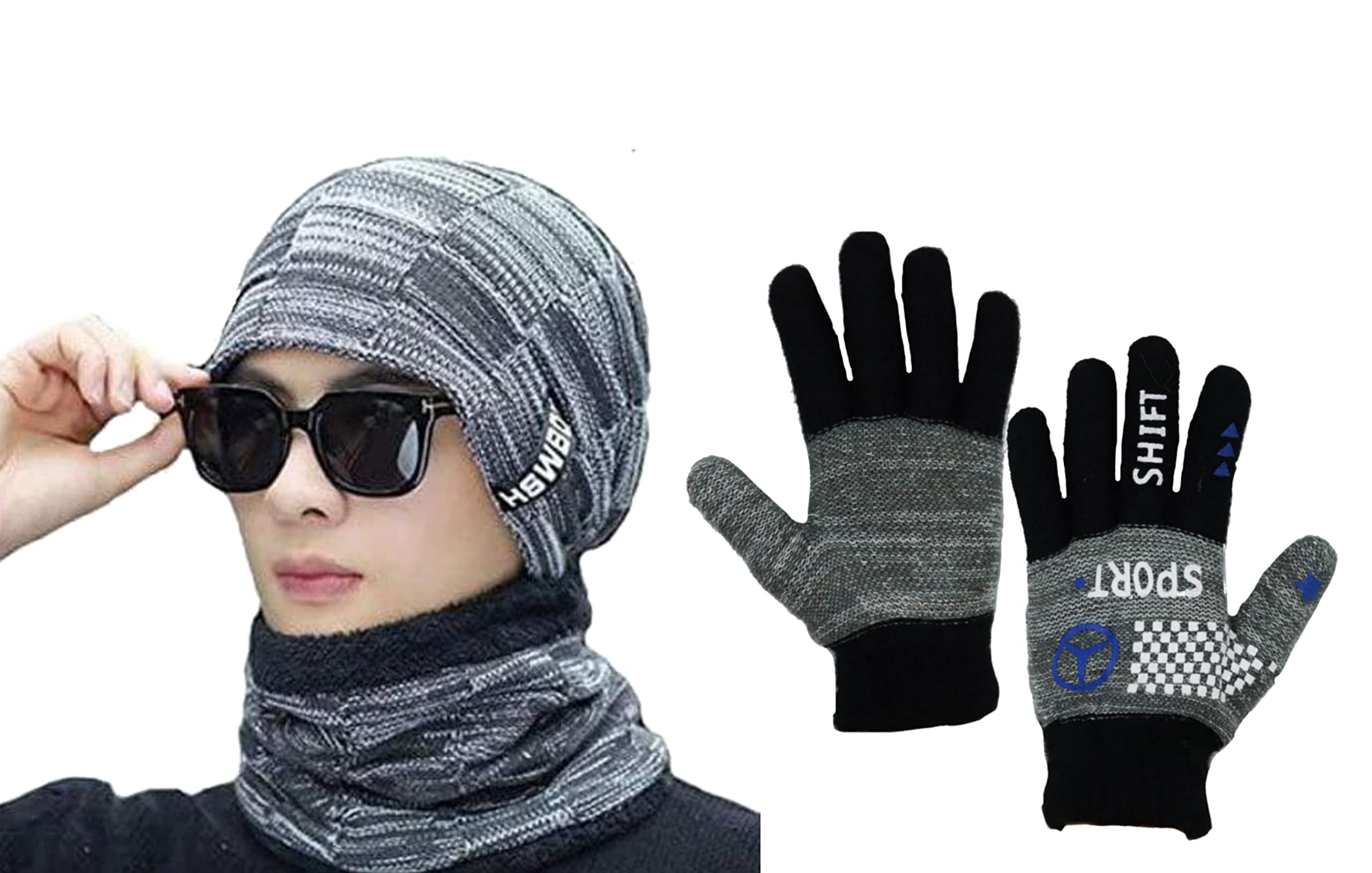 JAZAAMen Hat and Scarf Set, gloves, Men Slouch Beanie Hat Hick Fleece Lined Winter Hat & Scarf for Men Women Gifts