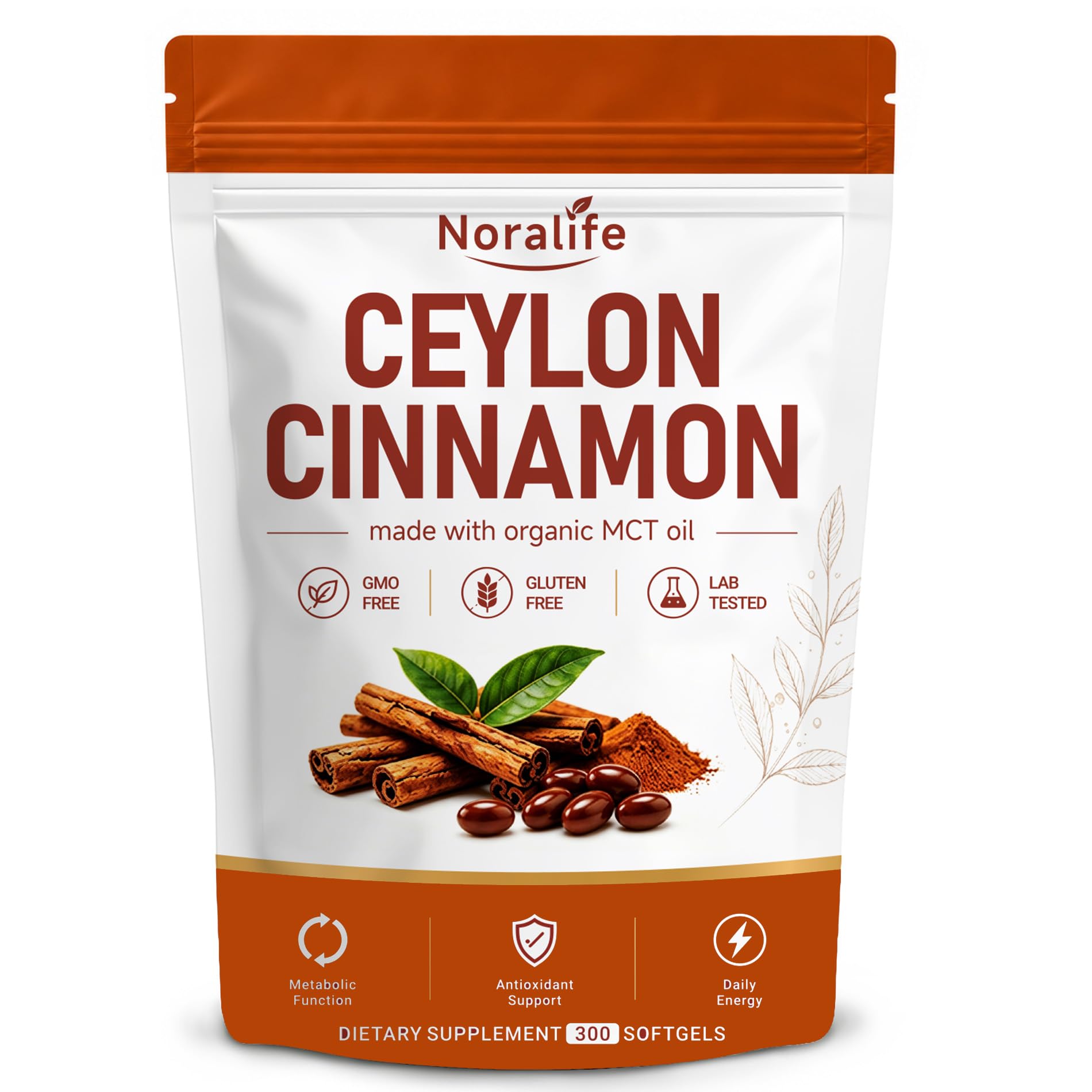 Noralife Ceylon Cinnamon Extract Softgels with Coconut MCT Oil, 12:1 Concentrated Cinnamomum Verum Bark Formula for Metabolic Function, Antioxidant Support and Daily Wellness, 300 Count (1) 300 Count (Pack of 1)