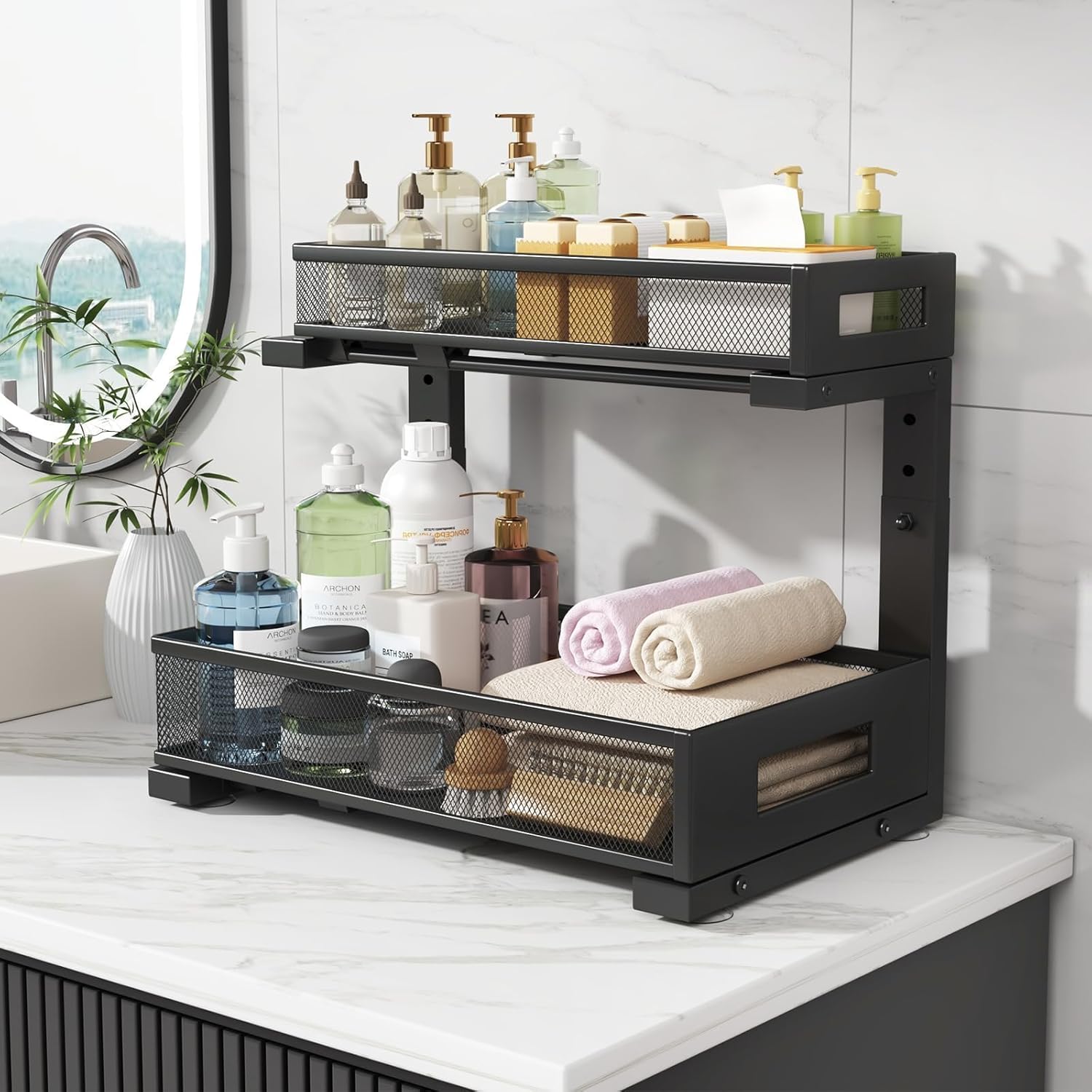 2-Pack Under Sink Storage Organizer, Large 2-Tier Elegant Mesh Pull Out Shelf for Kitchen and Bathroom Cabinet Organization, L-Shaped and Adjustable Height Design,Patent Pending-Black - Image 7