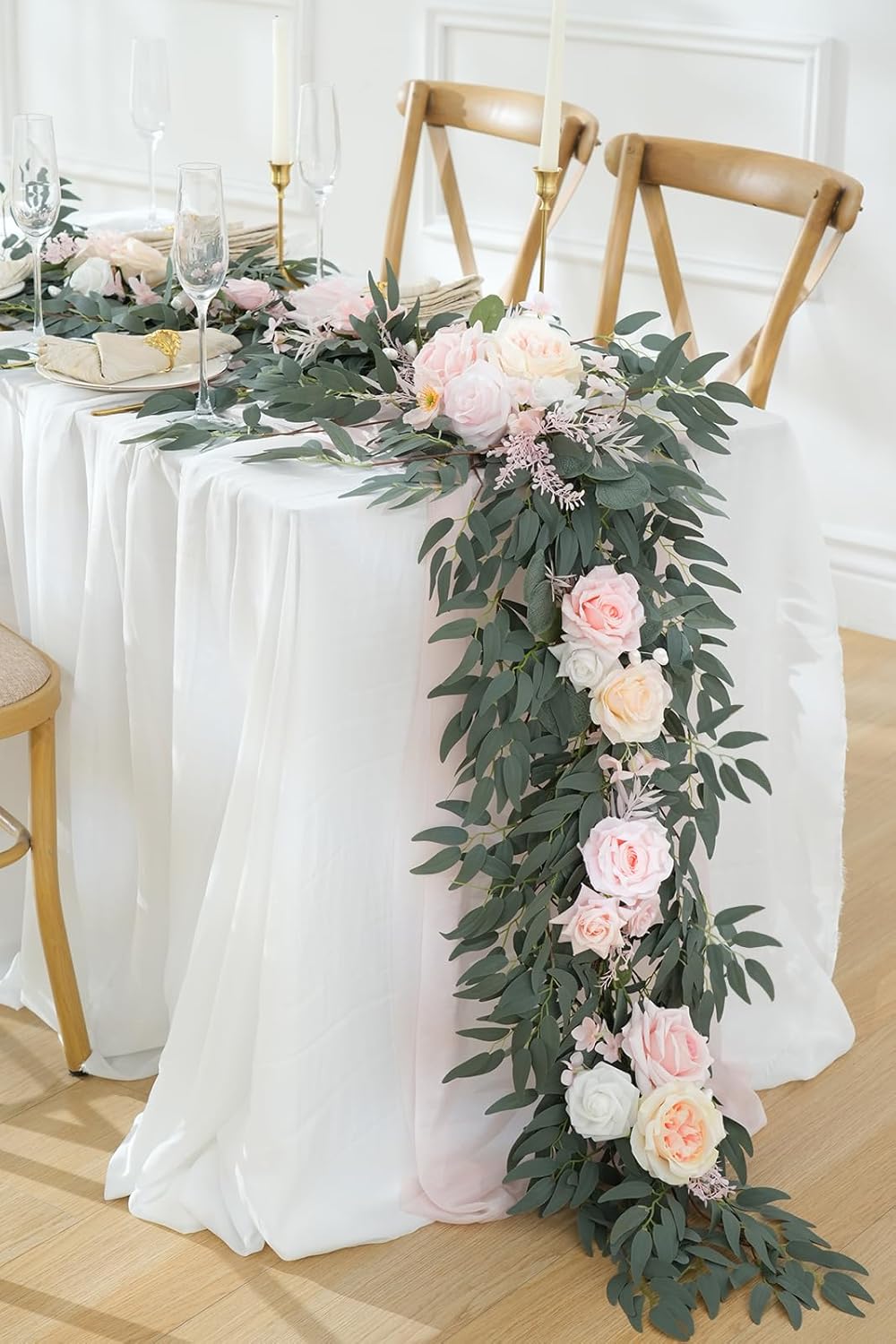 Spring Artificial Flower 7ft Garland, Wedding Arch Backdrop Floral Arrangement for Sweetheart Head Table Reception Decor Runner (Champagne & Pink)