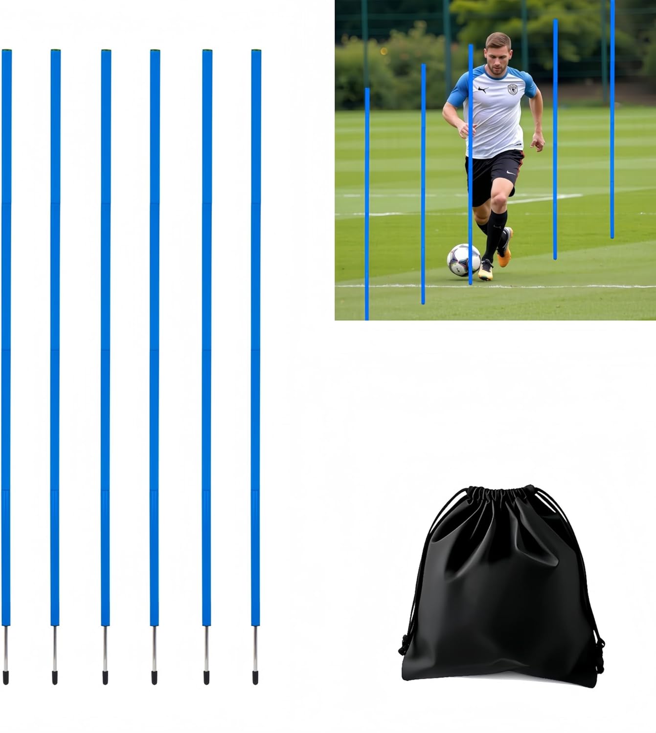 6 Pcs Soccer Agility Poles for Training, 5 FT Adjustable Speed and Agility Training Equipment for Football/Basketball/Horse/Dog Practice, Soccer Sticks with Steel Ground Nails Outdoors