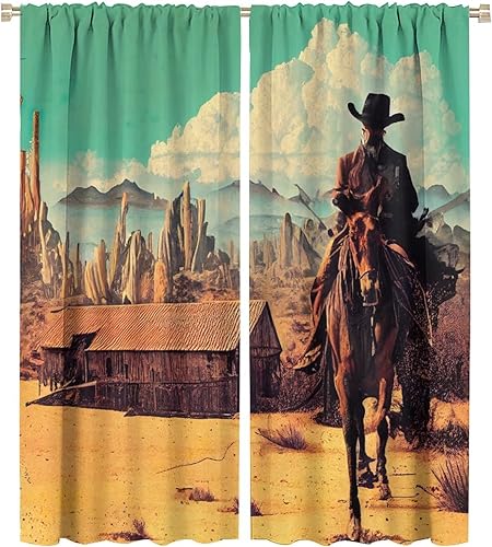 Miniatura 59 de Cortina opaca de vaquero, estilo retro, estilo bosquejo, del desierto occidental, con bolsillo para cortinero, para dormitorio, sala de estar