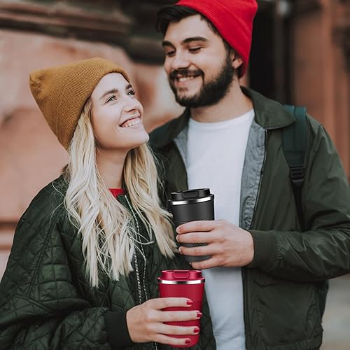Miniatura 7 de Vaso de café aislado de 12 onzas, taza de café de acero inoxidable con tapas, taza de café de viaje a prueba de fugas, doble pared aislada al vacío,