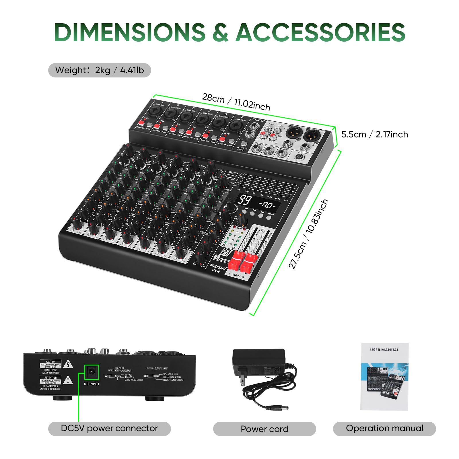 Audio-Mixer, 8-K-Sound-Mixer-Konsole, professionelles Musik-Mischpult, DJ-Mixer mit 99 DSP, 7-Band-EQ, USB, Bluetooth, 48 V Phantomspeisung & PAD-Funktion für Aufnahme von