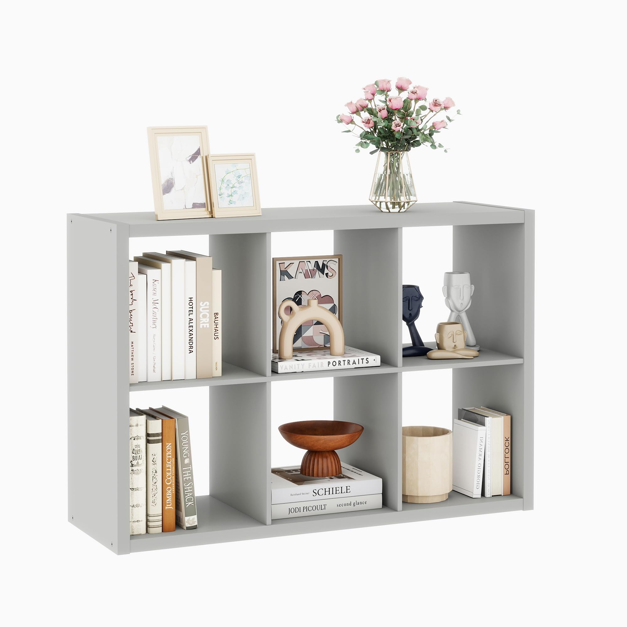 Thickened Wooden Frame 2x3 Cube Storage Book Shelf, Engineered Wood 6 Cube Closet Organizer with Open Black, Wooden Storage Cubes for Bedroom, Bathroom, 14.6" x 43.8" x 30.7", Light Gray