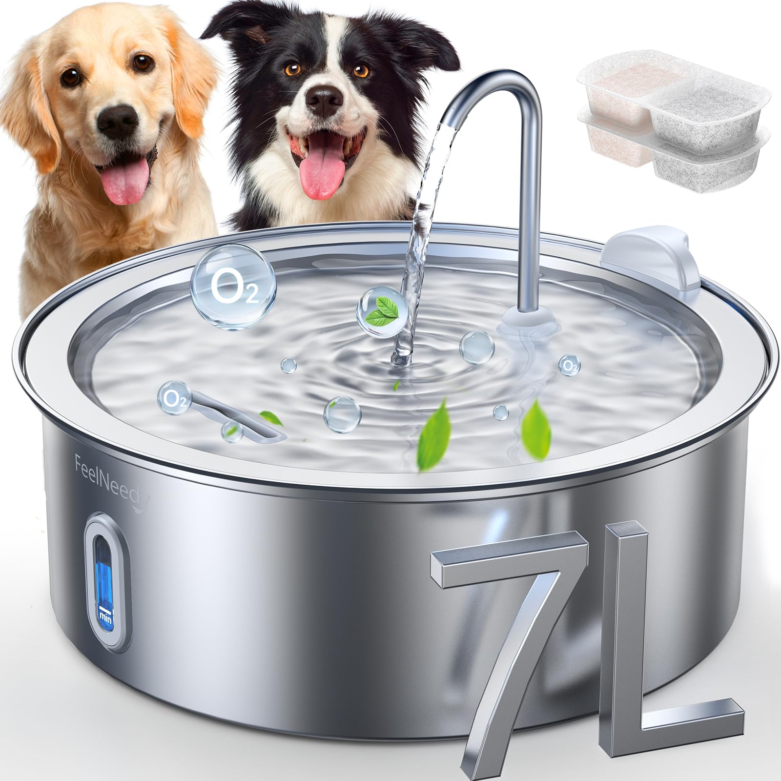 FEELNEEDY 7L Fontana per Gatti in Acciaio Inossidabile, Fontana Per Cani più 2 Filtri Super Silenzioso con Finestra del Livello Dell'Acqua
